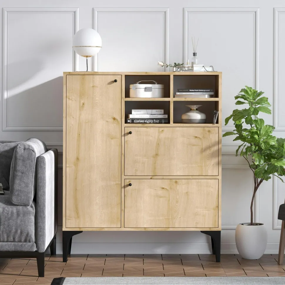 Buffet haut moderne effet chêne - 4 niches JENA