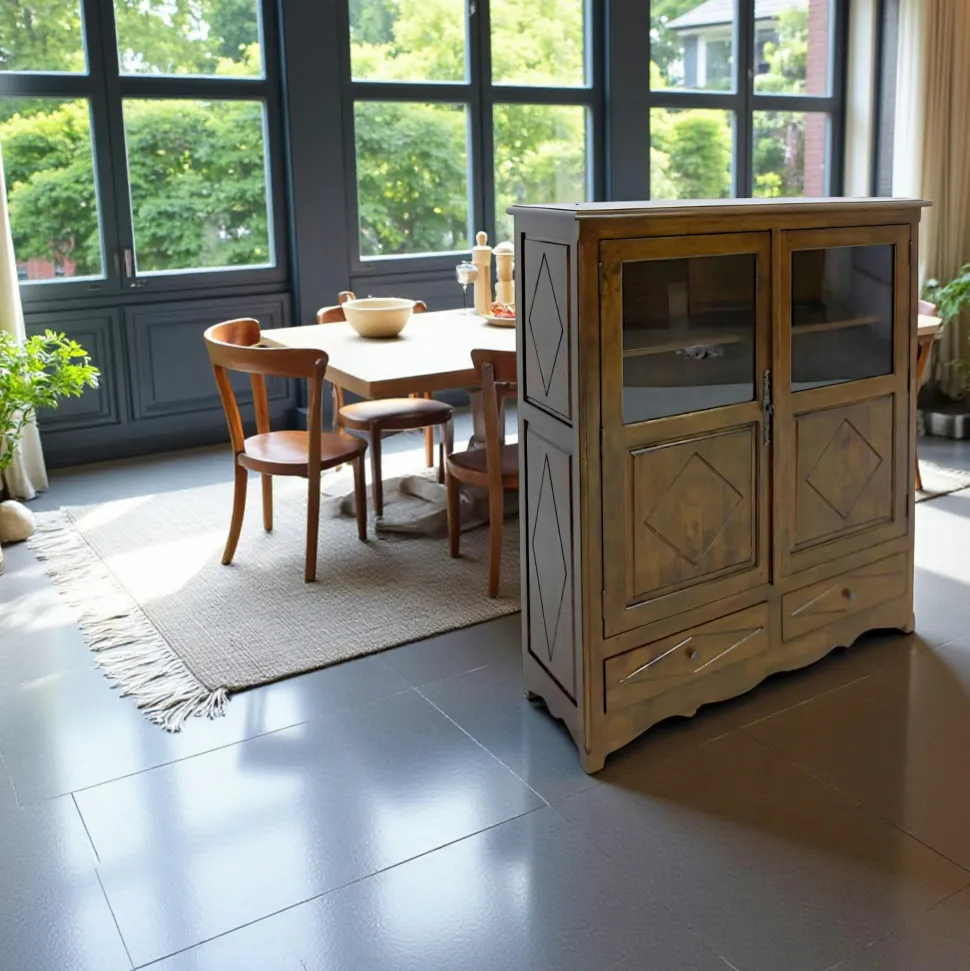 Buffet Hévéa 2 portes mi-vitrées, 2 tiroirs 110x40x130cm TRADITION