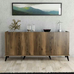 Buffet moderne 4 portes effet noyer et marbre noir UMEA