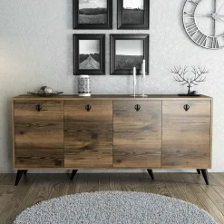 Buffet moderne 4 portes effet noyer, poignées à anneaux UMEA