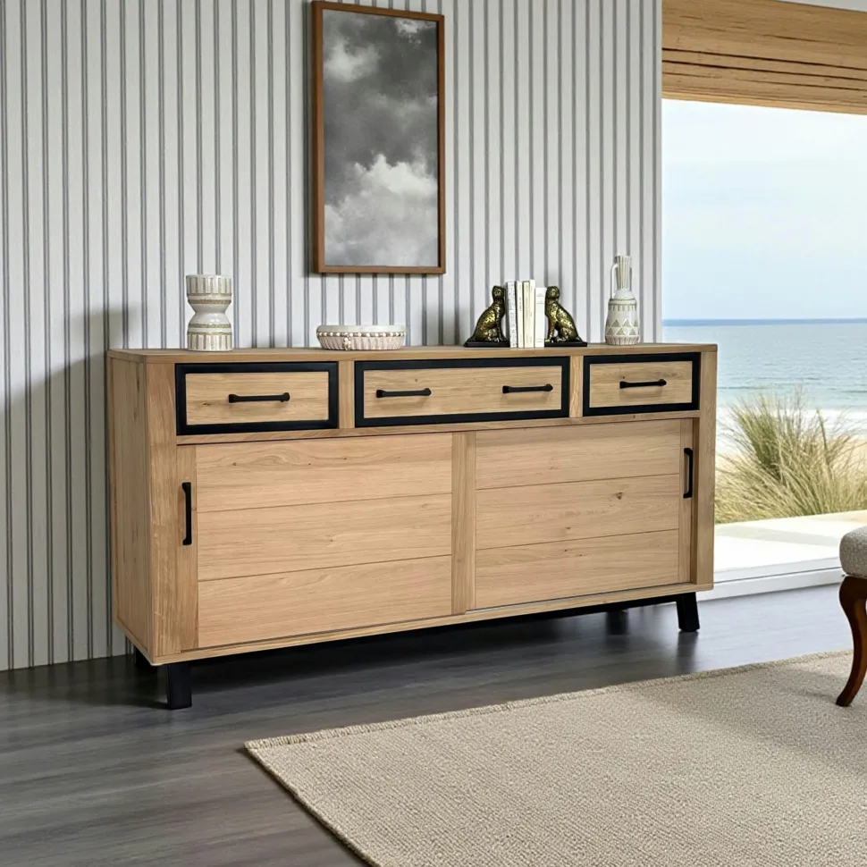 Buffet moderne bois clair - 2 portes, 3 tiroirs GRADO