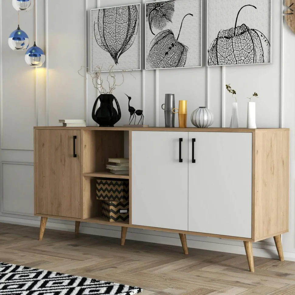 Buffet moderne effet bois et blanc, pieds obliques MARFA