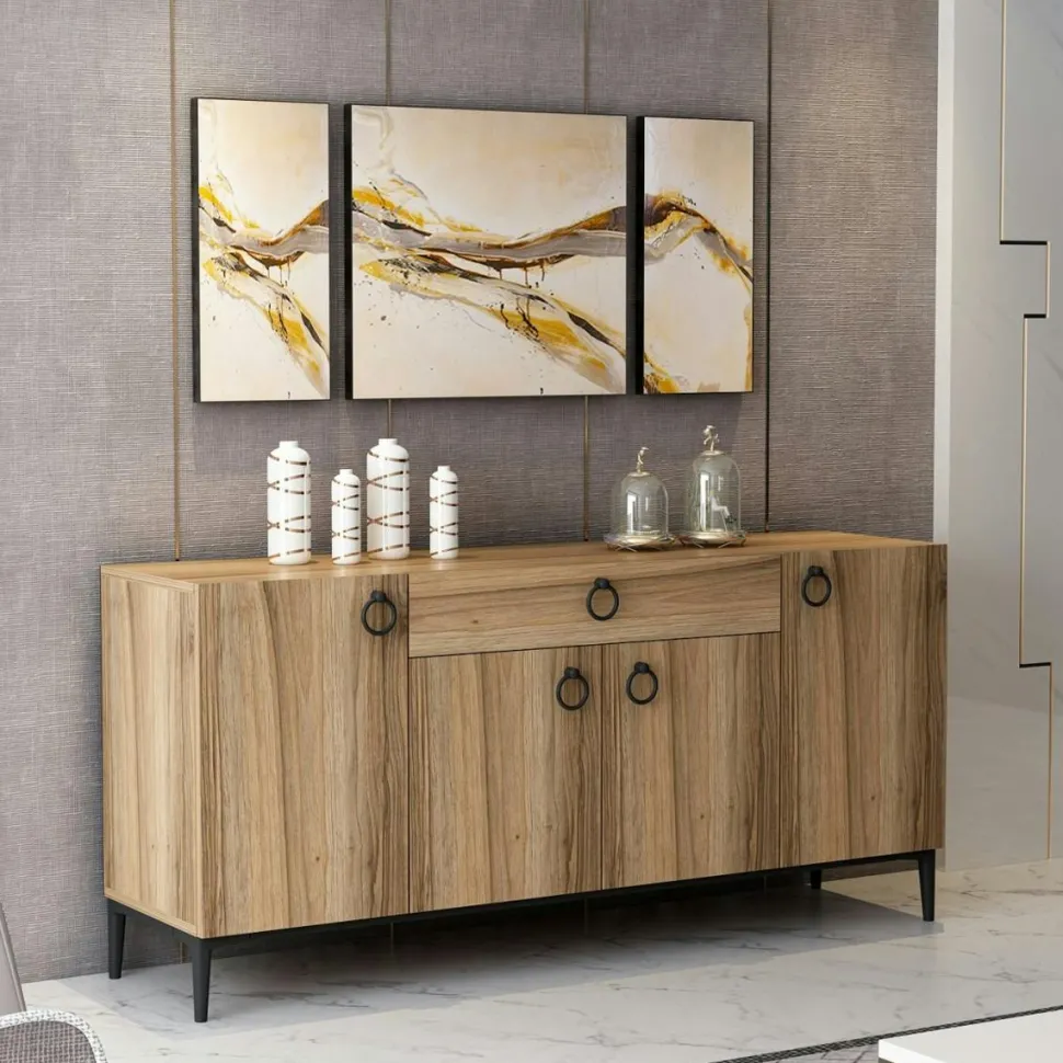 Buffet rustique 4 portes effet bois, poignées anneaux JENA