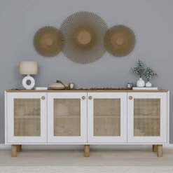 Buffet salle à manger blanc, cannage et effet noyer clair VAREN