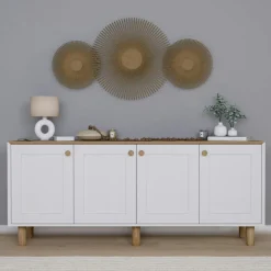 Buffet salle à manger blanc avec plateau effet noyer VAREN