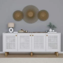 Buffet salle à manger blanc moderne, 4 portes cannage VAREN