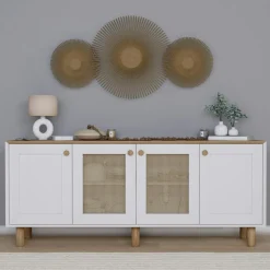 Buffet salle à manger blanc, cannage et effet noyer VAREN