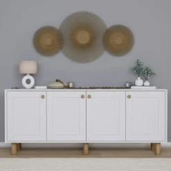 Buffet salle à manger moderne effet bois détail cannage VAREN
