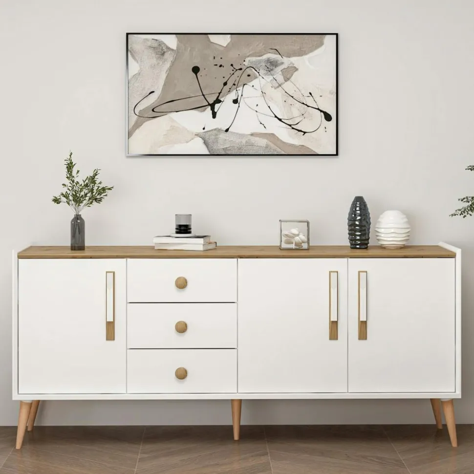 Buffet scandinave blanc et effet bois avec 3 tiroirs MARFA