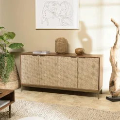 Buffet vintage manguier 4 portes motifs losanges pieds métal doré KANHA