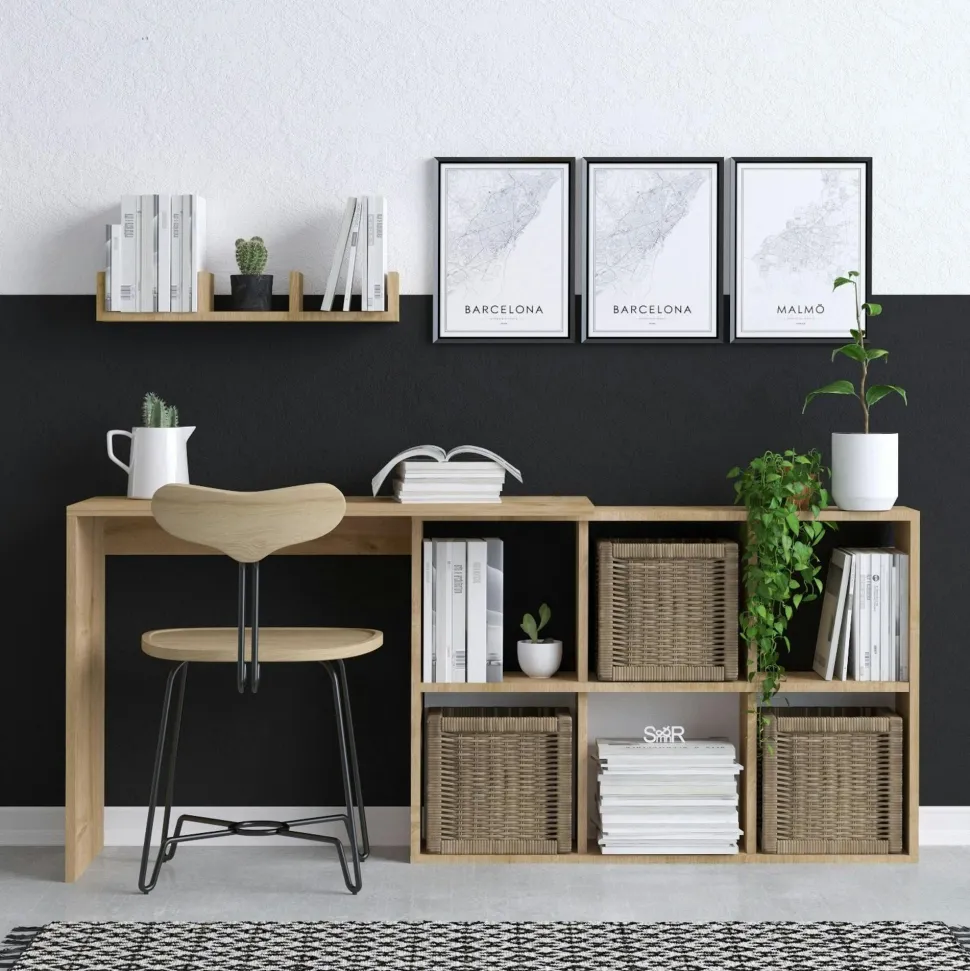 Bureau avec rangement cubes et étagère - effet chêne MARFA