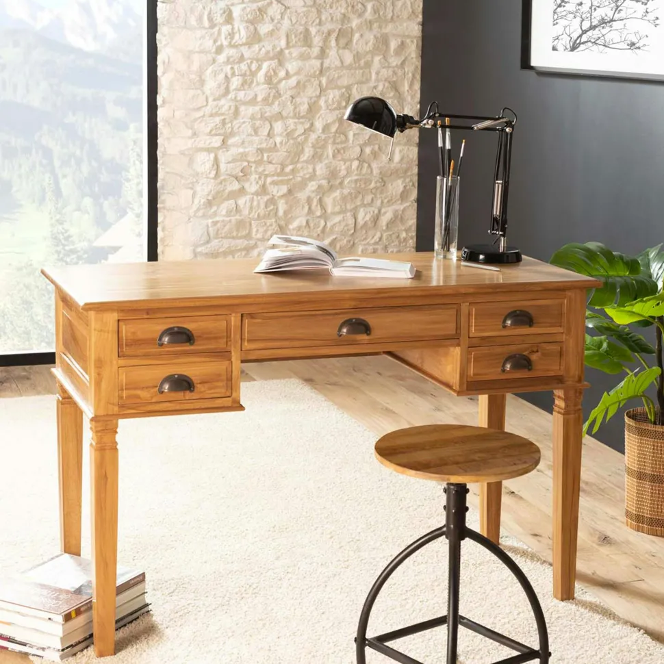 Bureau colonial 5 tiroirs Teck Miel 120cm BISHO
