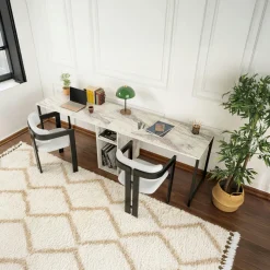 Bureau double avec rangement central - plateau effet marbre MARFA