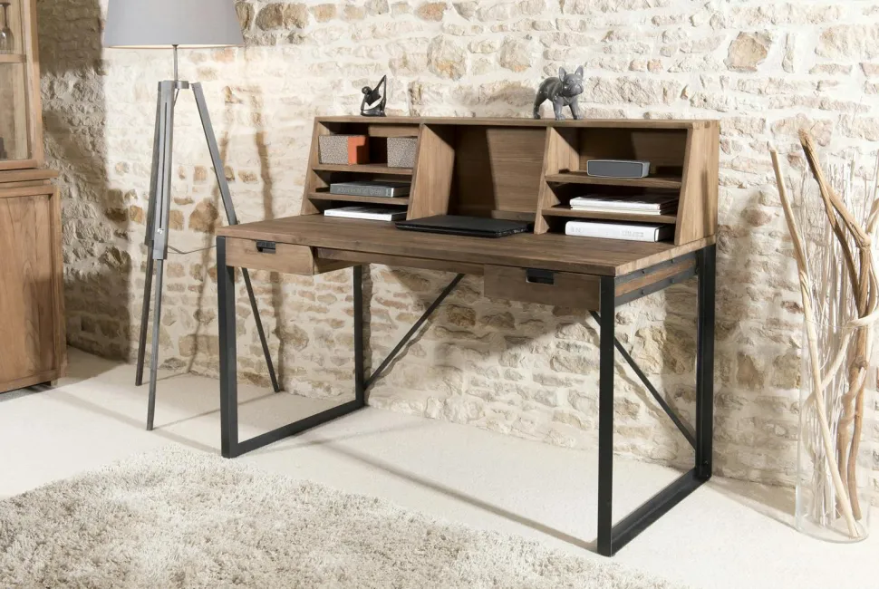 Bureau en Teck recyclé et métal noir 2 tiroirs et partie supérieure avec 7 niches 140x70x113cm SWING