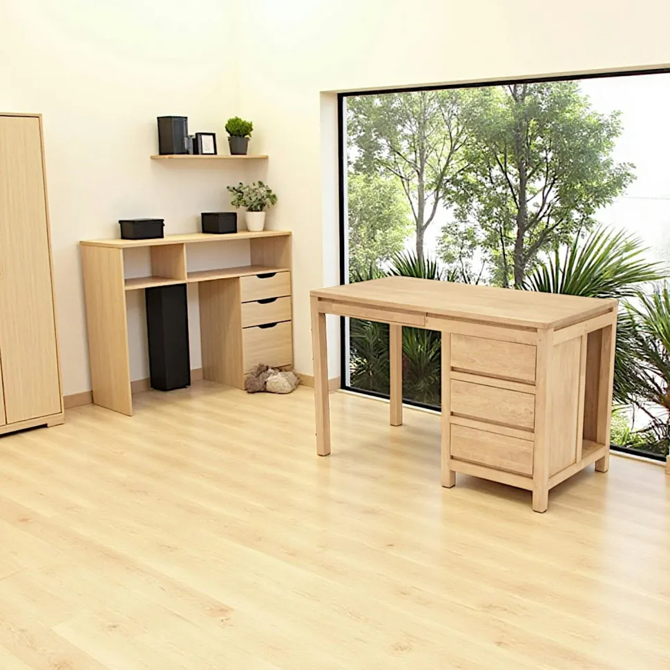 Bureau multimédia Hévéa 3 tiroirs, 1 tablette coulissante, 1 niche 120x80x75cm OLGA