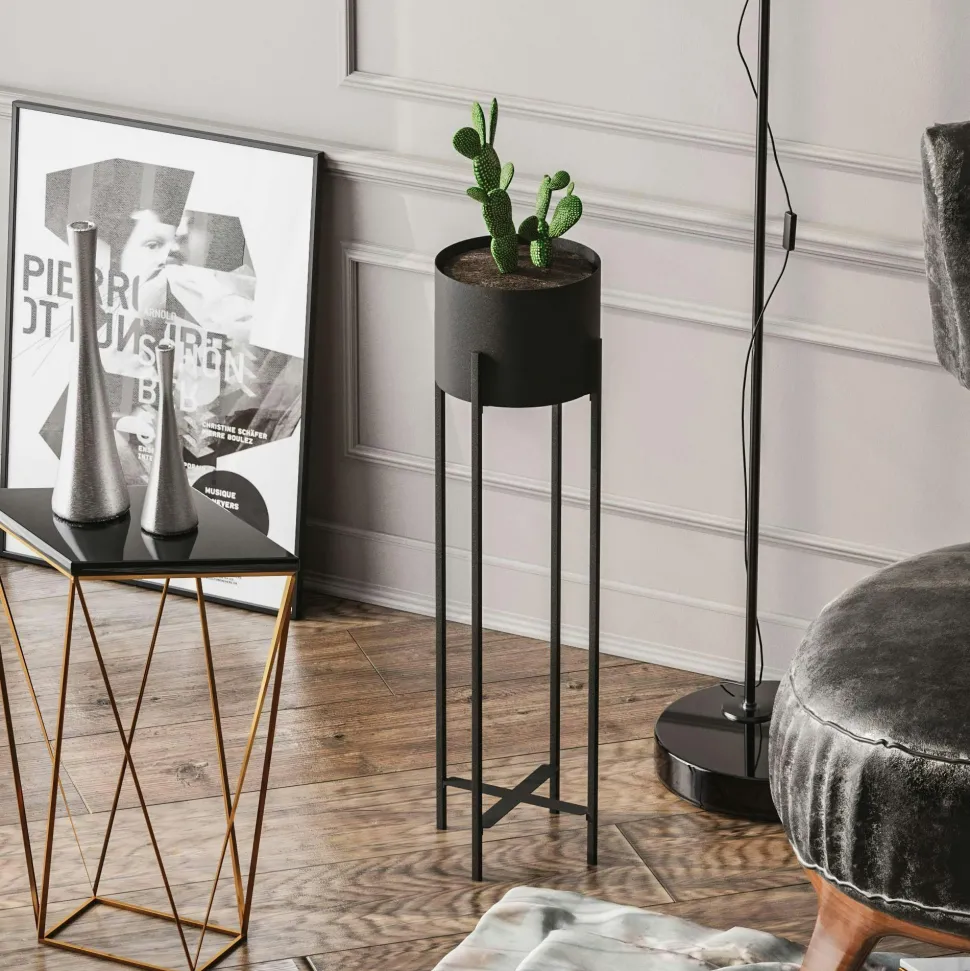 Cache-pot sur pied en métal noir – style moderne, 78 cm