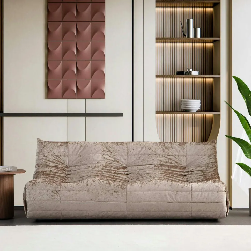 Canapé 3 places beige en tissu plissé 210 cm ARVEN