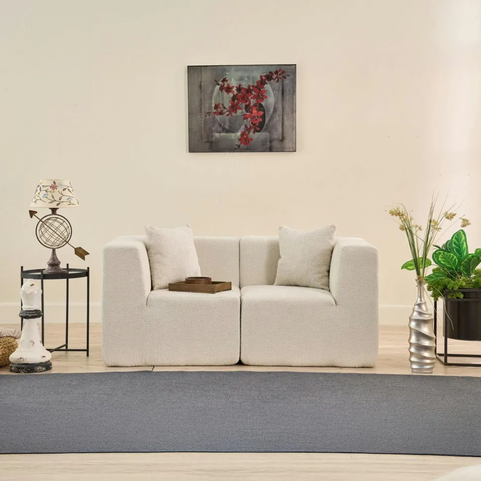 Canapé 2 places compact blanc tissu chenille PLOVIA
