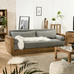 Canapé convertible en bois recyclé coussins taupe DENVER