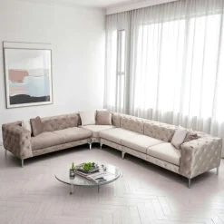 Canapé d'angle beige en velours capitonné - côté gauche DOVER