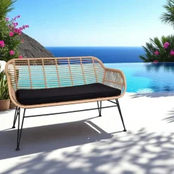 Canapé de jardin en résine tressée avec coussin d'assise noir IBIZA