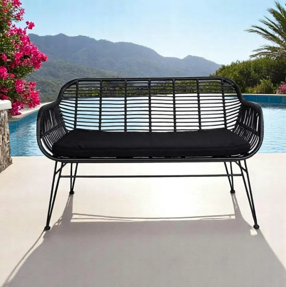 Canapé de jardin en résine tressée noire avec coussin d'assise noir IBIZA