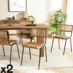 Chaise assise cuir havane dossier rotin (lot de 2) TIM