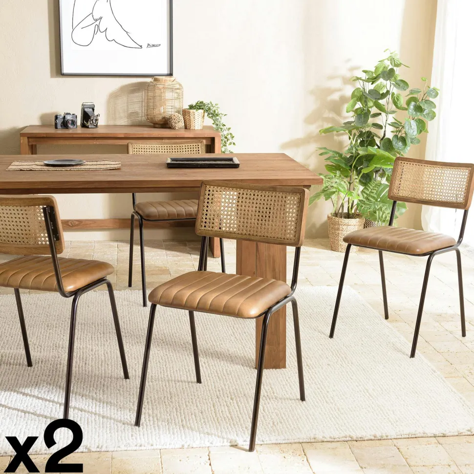 Chaise assise cuir havane dossier rotin (lot de 2) TIM