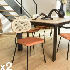 Chaise assise velours orange dossier rotin (lot de 2) PALMA