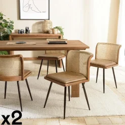 Chaise bois et cannage assise cuir havane (lot de 2) TIM