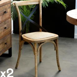 Chaise bois et cannage assise cuir havane (lot de 2) TIM