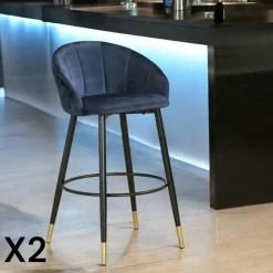 Chaise de bar en velours gris forme coquillage (lot de 2) HAWAI