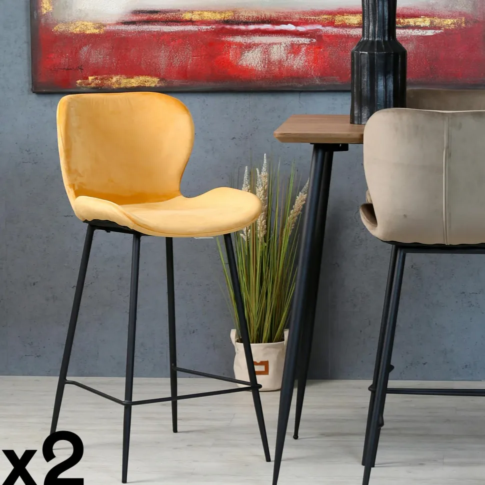 Chaise de bar en velours jaune style moderne (lot de 2) MELBOURNE