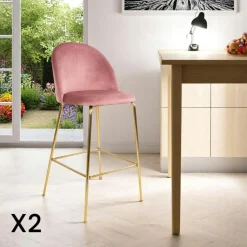 Chaise de bar rose en velours à dossier rond (lot de 2) MONTREUX