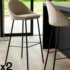 Chaise de bar velours beige TIM (lot de 2)