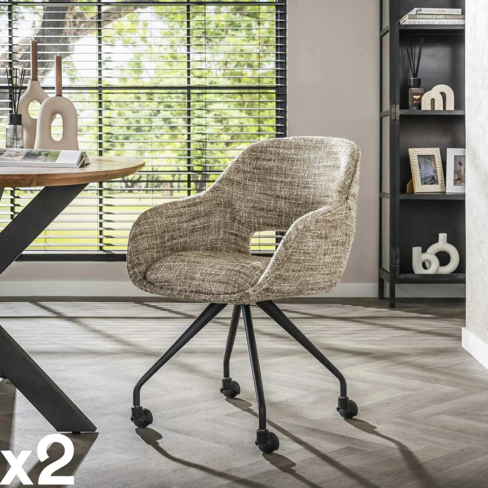 Chaise de bureau à roulettes en tissu sable chiné (lot de 2) CREEK