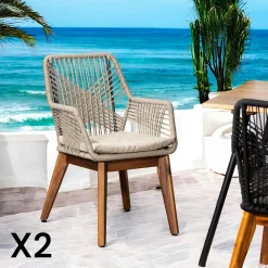 Chaise de jardin beige en corde tressée et pieds bois FSC® (lot de 2) GRENADE