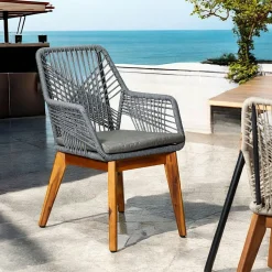 Chaise de jardin beige en corde tressée et pieds bois FSC® (lot de 2) GRENADE