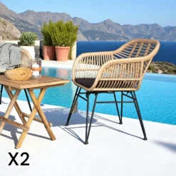 Chaise de jardin en rotin synthétique avec accoudoirs et coussin d'assise (lot de 2) IBIZA