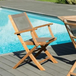 Chaise de jardin en teck et textilène taupe avec accoudoirs (lot de 2) SUMMER