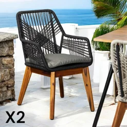 Chaise de jardin noire en corde tressée et pieds bois FSC® (lot de 2) GRENADE