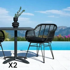Chaise de jardin noire en rotin synthétique avec accoudoirs et coussin d'assise (lot de 2) IBIZA