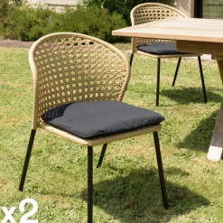 Chaise de jardin rotin synthétique noir avec coussin gris (lot de 2) GIJON