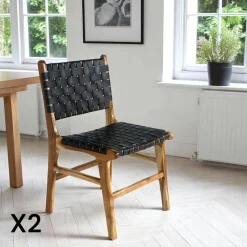 Chaise en bois et cuir tressé noir (lot de 2) MENDOZA