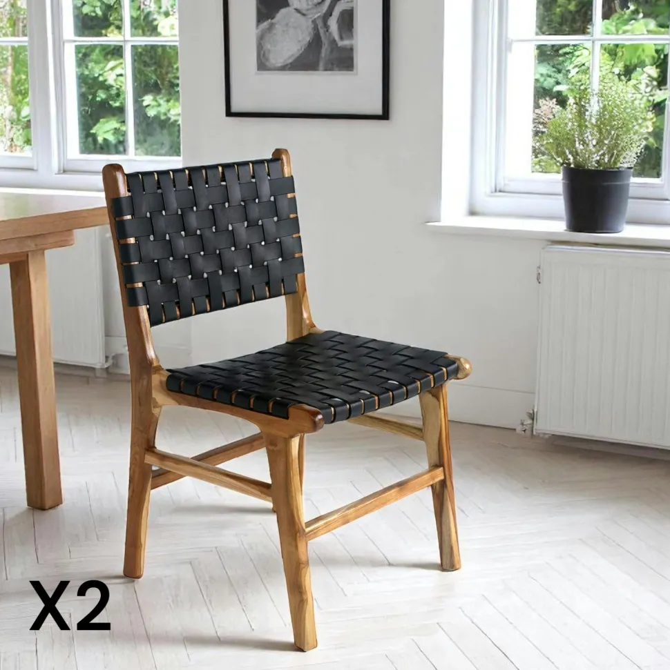 Chaise en bois et cuir tressé marron (lot de 2) MENDOZA