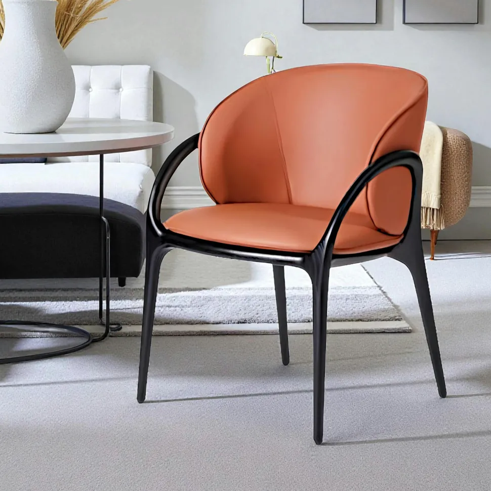 Chaise en cuir gris foncé dos rond accoudoirs bois brun ALDER