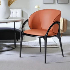 Chaise en cuir terracotta dos rond accoudoirs bois noir ALDER