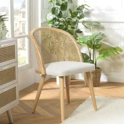 Chaise exotique dossier rond cannage assise tissu blanc TIM
