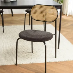 Chaise moderne dossier rotin assise velours noir (lot de 2) LOANO