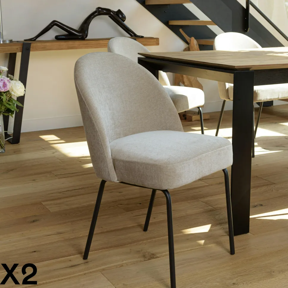 Chaise moderne tissu couleur lin pieds métal noir (lot de 2) TIM